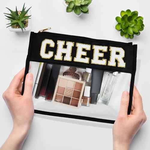 Aliceset 12 Pcs Cheer Chenille Letter Bags, Clear Makeup Cosmetic Bag for Cheerleader Gifts, Preppy Patch Zipper Pouch, Waterproof PVC Travel Toiletry Organizer Women Girls (Black, White, Hot Pink)