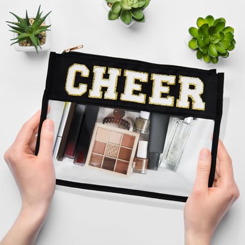 Aliceset 12 Pcs Cheer Chenille Letter Bags, Clear Makeup Cosmetic Bag for Cheerleader Gifts, Preppy Patch Zipper Pouch, Waterproof PVC Travel Toiletry Organizer Women Girls (Black, White, Hot Pink)