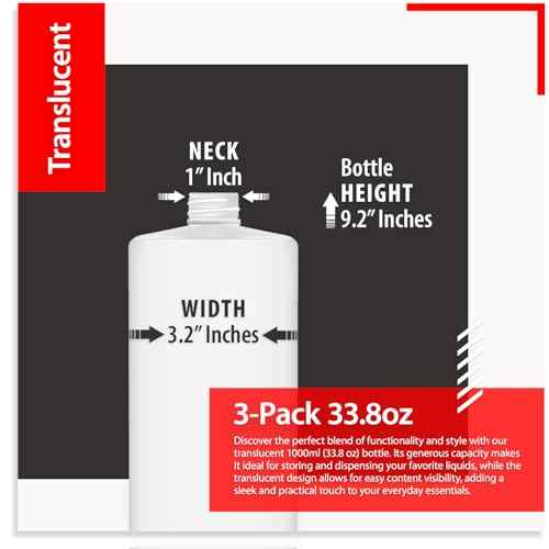 Bar5F 33.8oz 3-Pack Large HDPE Plastic Bottles with 9 Caps in 3 Styles | Pump, Squeeze, Squirt | Shampoo, Conditioner, Condiments, Ketchup, Bleach, Cleaners, Alcohol, Food Safe | BPA-Free, 1 Liter