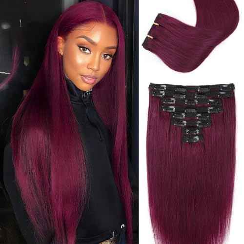 ShowJarlly Clip in Hair Extensions Real Human Hair 16 Inch Straight Clip Ins 8 Pcs Brazilian Remy Hair Extensions for Women #99J Burgundy
