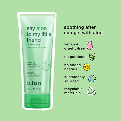 B.TAN Aloe Vera Gel for Face & Body | Ultra Hydrating, Soothing After Sun Lotion Aloe Gel with Vitamin E, Sunburn Relief, 7 Fl oz, 2-Pack