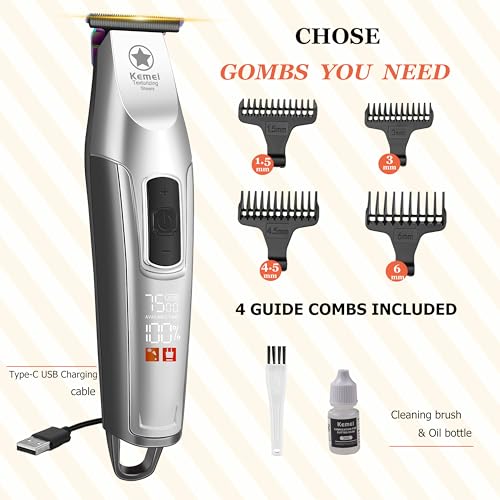 KEMEI Hair Trimmer for Men, Professional Hair Clippers Cordless Zero Gapped Trimmer with LCD Display Trimmers for Barbers with T Blade Beard Trimmers 3 Adjustable Speeds KM-1919 Silver