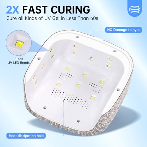 UV Nail Lamp, UV Light for Gel Nails, 48W Plug-in Mini Diamond Nail Lamp Nail Dryer with Touch Control Auto Sensor and 3 Timer Settings Nail Light Curing Lamp, Home (White Diamond)