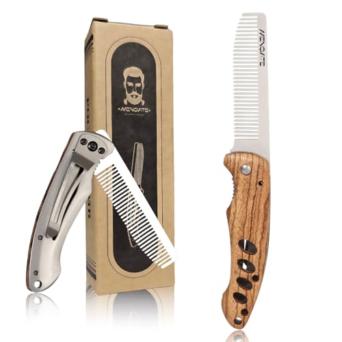 1PC Small Folding Pocket Beard & Mustache & Hair Styling Comb for Men - Metal Tactical Grooming Tool with Wooden Handle, with 180¡Æ Rotatable for Outdoor Travel & Home Use - Length 6.57inch