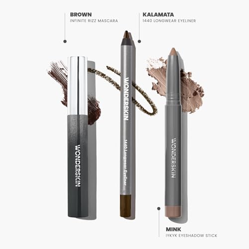 Wonderskin Brown is the New Black Longwear Eyes Set, IYKYK Eyeshadow in Mink, 1440 Longwear Eyeliner in Kalamata and Infinite Rizz Mascara in Brown.