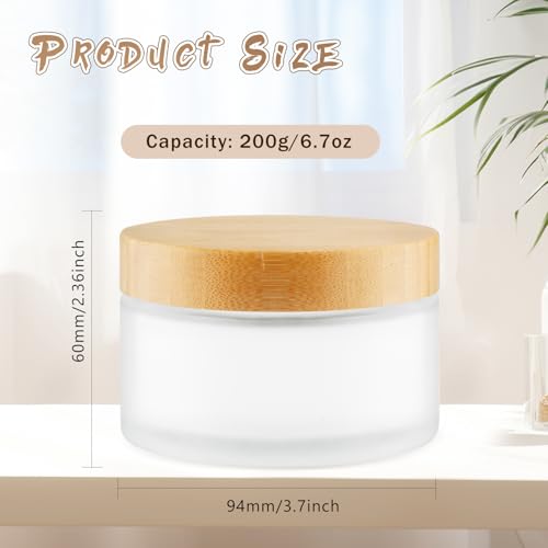 4 Pcs 200g/6.7oz Frosted Cosmetic Containers Glass Jar Empty Sample Jars with Bamboo Lids for Cream Lotion Lip Balm Makeup