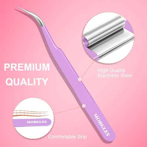MORGLES 5pcs Eyelash Extension Tweezers High Precision, Straight and Curved Volume Lash Tweezers for Extensions, Crafting, Girls Women Beginners