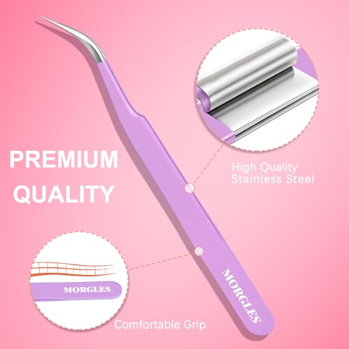 MORGLES Straight&Curved Lash Tweezers for Eyelash Extensions, 5pcs Eyelash Tweezers for False Lashes, Precision Tweezers for Crafting Lash Applicator Tool for Girls Women Beginners