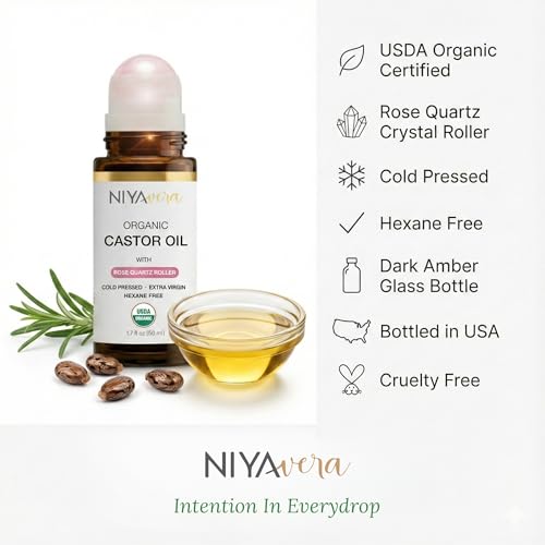 Organic Castor Oil Roll-On with Rose Quartz - 1.7 oz Cold Pressed, Hexane-Free for Skin & Body