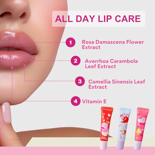 Kirby 3EA Cute Lip Gloss for Girls & Women, Mini Lip Gloss Tubes with Rose, Tea Leaf & Vitamin E, Hydrating Lip Gloss for Women & Lip Moisturizer Made in Japan, Green Tea+ Peach Tea+ Milk Tea