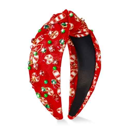 MOSOTECH Christmas Headbands for Women, Candy Cane Crystal Pearl Top Knotted Holiday Headbands, Christmas Outfits Costume Xmas Headpiece Hair Accessories, Ugly Sweater Party Favors Gifts (Red)