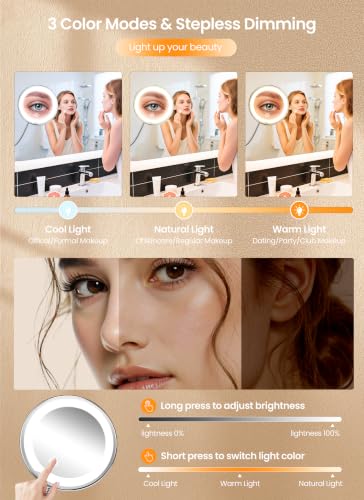 Brightown 10x Magnifying Makeup Mirror with Lights - Silver, 3 Light Modes, White Variation