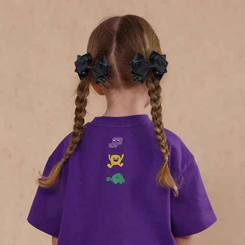 2pc Glitter Black Ribbon Hair Bow Clips 4inch Shiny Alligator Barrettes Pins for Teens Girls Kids Women Graduation Halloween Dress up Party Costume outfit Decor Accessory