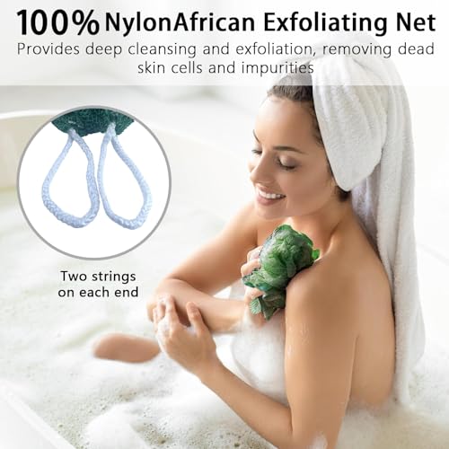 African Net Sponge Authentic with Knots - African Exfoliating Net Sponge with Handles for Body Scrubber Exfoliator - Real Africa Back Wash Bath Sponges for Shower Machine Washed & Bathing Accessories