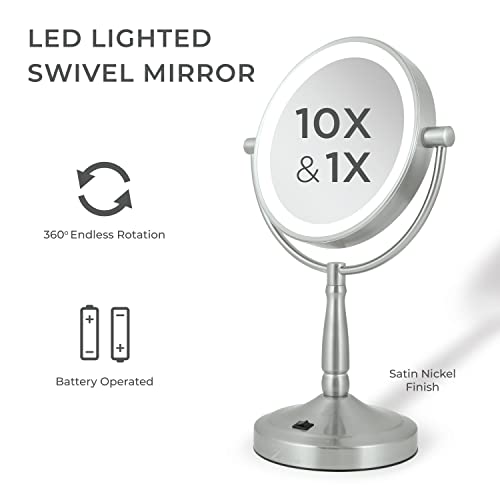 Zadro 9" Round LED Makeup Mirror with Lights and Magnification 5&10X/1X AA Battery Operated Swivel Lighted Makeup Mirror