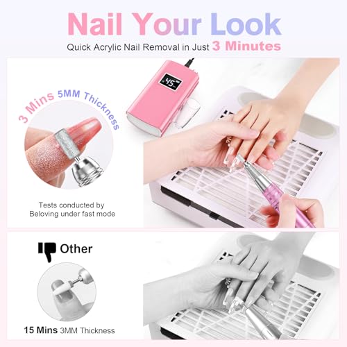 Beloving Portable Nail Drill Professional, 45000RPM Rechargeable Nail Drill Electric File Machine for Acrylic Gel Polish Remover, Cordless Nail Kit for Manicure Pedicure with 11 Bits for Salon Home