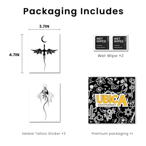 Semi Permanent Tattoos, 2 Sheets Realistic Temporary Tattoos for Women Men Arm, Fake Tattoo Stickers for for Party, Waterproof No Reflective, Lasts 2 Weeks (Flying Dragon Moon & Sun Designs)