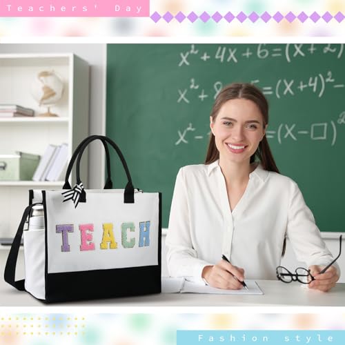 Abbylike Back to School Teacher Gift Canvas Chenille Letter Tote Bag Makeup Cosmetic Pouch Thank You Teacher Appreciation Women Gift