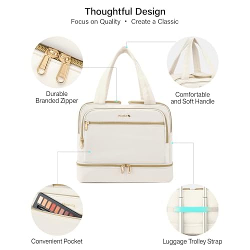 Hanke Travel Toiletry Bag, Lightweight Wide-open Large Toiletry Bags for Women, Dual-Layer Makeup Bag Water-Resistant Cosmetic Travel Bag with Handle for Accessories, Essentials, Off White