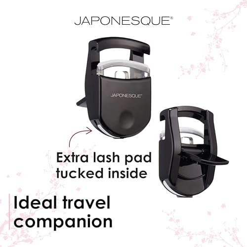 JAPONESQUE Travel Eyelash Curler, Black - Plastic Eyelash Curlers for Travel Makeup - Comes with Bonus Replacement Lash Pad - 1 Pack