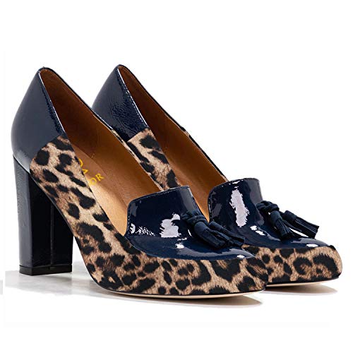 LEHOOR Women Chunky Block High Heel Fringed Pumps Round Toe, Slip On Dress Loafers with Tassel Suede Patent Leather Patchwork for Ladies Girls Office 4-15 M US