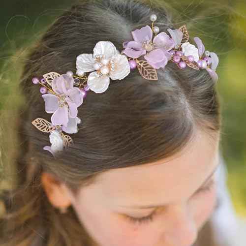 Campsis LED Flower Girl Headpiece, Purple Floral Crystal Light up Headband, Leaf Bridal Wedding Hair Accessories for Girls