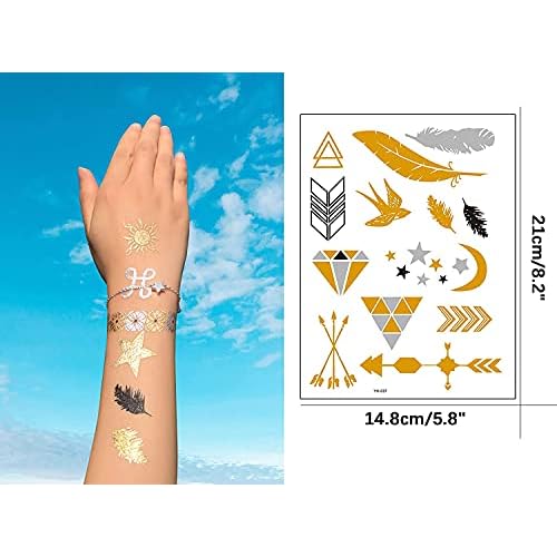 Metallic Temporary Tattoo 260+ Gold Silver Fake Tattoos for Women,Flash Jewelry Gold Tattoos Waterproof and Long Lasting