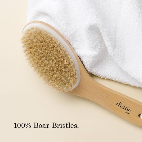 Diane Curved Handle Exfoliate & Glow Dry Skin Brush, 100% Boar Bristle Brush for Body Scrubbing, Lymphatic Massage, Drainage, and Gentle Exfoliation for Radiant Skin, Dry Body Brush for Cellulite