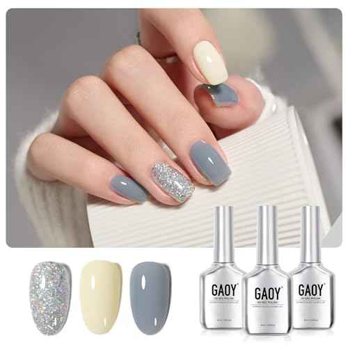 GAOY Gel Nail Polish Kit, 3 Colors 16ml Blue White Silver, Sheer Soak Off UV Gel Polish Set - Frozen Glitter