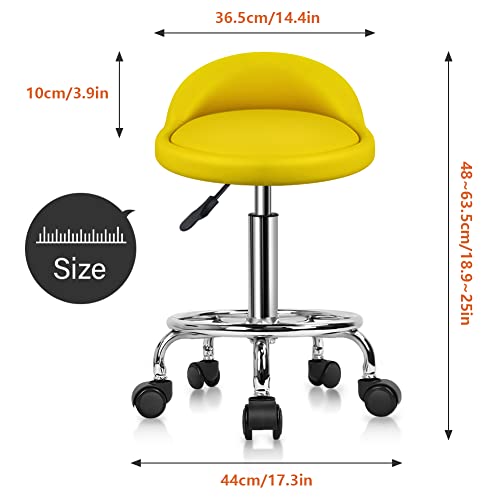 KKTONER PU Leather Round Rolling Stool with Foot Rest Height Adjustable Swivel Drafting Work SPA Task Chair with Wheels (Yellow)