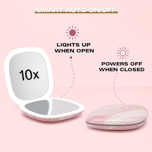 Lighted Makeup Compact Mirror, 3.9 Inch ? 1x/10x Magnification Portable, LED ? Auto Light On/Off - USB Charging, (Blush Marble)