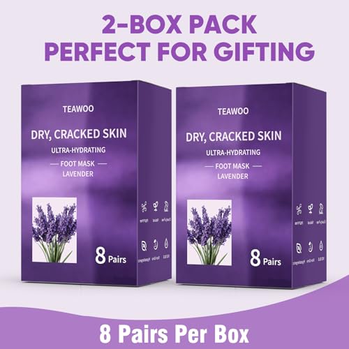 TEAWOO Lavender & Jojoba Oil Moisturizing Foot Masks - 16 Pairs, Hydrating Socks for Cracked Heels