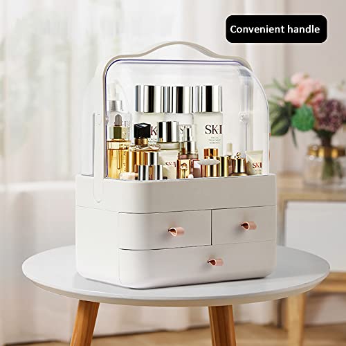 Makeup Organizer, Dustproof Cosmetic Storage Box with Portable Handle & Fully Open Waterproof Lid for Bathroom Countertop Bedroom Dresser(White)