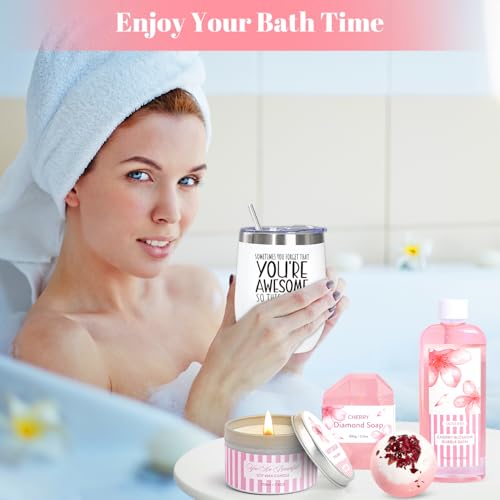 Bath Gift Set For Women, 12PCS Bath Sets For Women Gift, Birthday Valentine's Day Gifts Self Care Package for Her Mom Friend Sister Wife, Cherry Blossoms Relaxing Spa Gift Basket