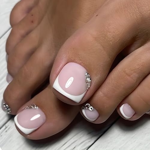 Flowers Press on Toenails Short Square Fake Toenails Full Cover White French False Toe Nails with Gold Glitter Rhinestones Design Glossy White Toenail Tips Acrylic Toenails for Women Girls Manicure