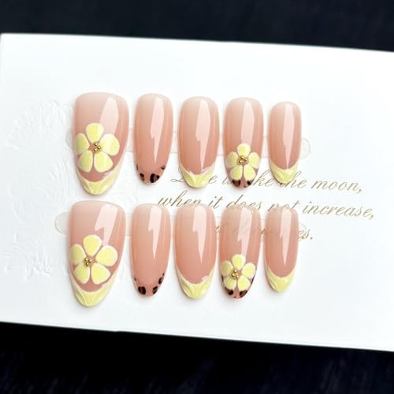 30 Pcs Leopard Print French Tip Press-On Nails with 3D Designs
