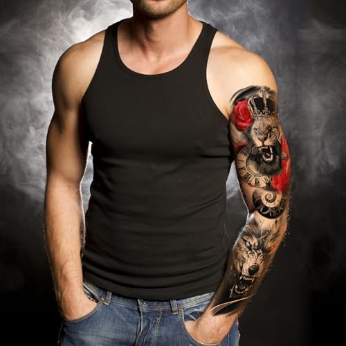 Lion Wolf Temporary Tattoo Sleeves - 6 Sheets Full Arm