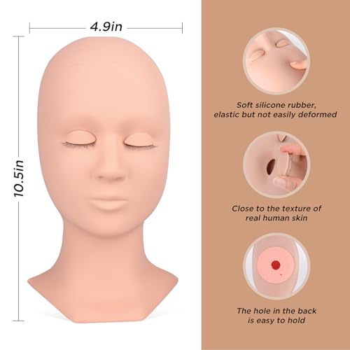 BEYELIAN Lash Mannequin Head, Eyelash Mannequin Head with Eyelids, Lash Extension Training Practice Head, 4 Pairs Removable Eyelids, Soft-Touch, Natural Color Realistic