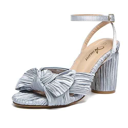 Athlefit Women's Open Toe Chunky Heels Pleated Bow Ankle Strap Heeled Sandals Wedding Bridal Shoes