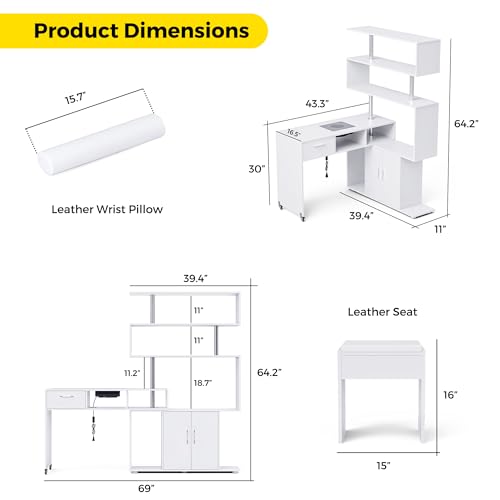 Kikihouse L-Shaped Manicure Table with Dust Collector & Storage