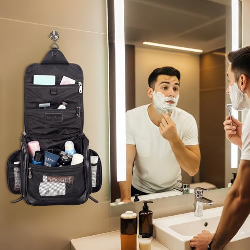 Masa Kawa Black Leather Travel Hanging Toiletry Bag for Men – Large