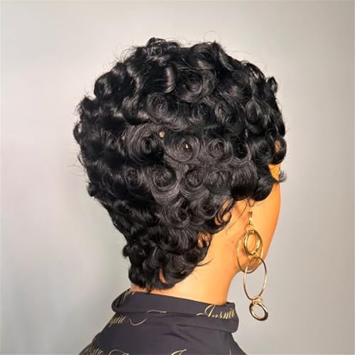 FREEKWEEN 1B# Short Curly Pixie Wig for Black Women Human Hair Finger Wave Style