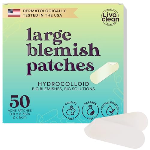 LivaClean 50CT Large Hydrocolloid Acne Patches - for Pore Spots Nose Face Cystic Pimple Zit Patch - Big Pimple Patches Hydrocolloid Bandages Strips Stickers Pimple Patch XL Large Acne Patch Large