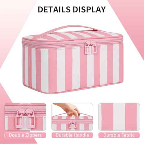OCHEAL Makeup Bag,Travel Makeup Organizer Bag, Large Capacity Cosmetic Bags For Women Large Travel Toiletry Bag Girls Traveling With Brush Slot And Divider-Stripes Pink
