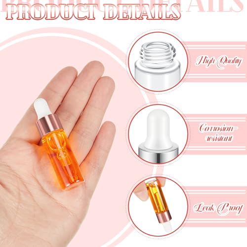 100 Pcs Mini Glass Oil Dropper Bottle Bulk, Clear Essential Small Empty Bottles Sample Containers Perfume Liquid Vials with Cap for Traveling (5 ml,Rose Gold)