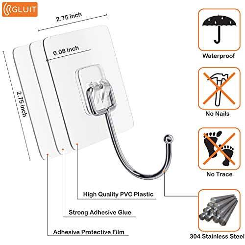 GLUIT Large Adhesive Hooks for Hanging Heavy Duty 22 lbs Robe & Towel Hanger, Waterproof Adhesive Wall Hooks for Home, Bathroom, Kitchen, Office, Outdoor - 6 Pack