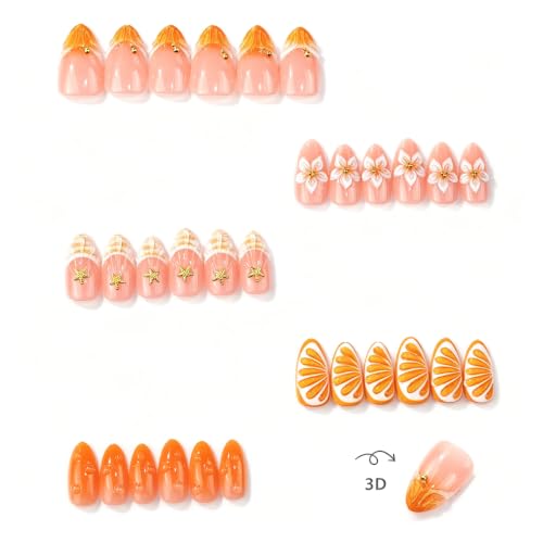 UZJXQ Medium Orange Ombre 3D Shell Gold Fake Nails - Style-3 Short, 24Pcs