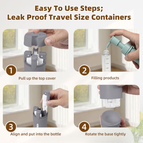 EASYFORALL 4 Pack Grey 4-in-1 Travel Dispenser Bottles 30ML Leak-Proof Toiletry Containers