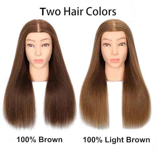 Mannequin Head Human Hair, 100% Real Hair Cosmetology Manikin Head for Practice Braiding Hairstyling Cutting with Free Clamp Holder and Tools (100% Light Brown)