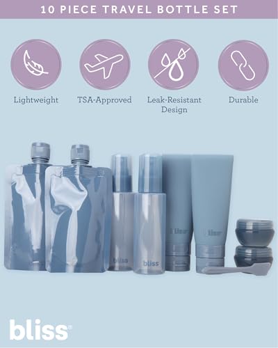 Bliss Travel Bottles Set 10pcs TSA Approved Leak-Proof Refillable - Denim Blue